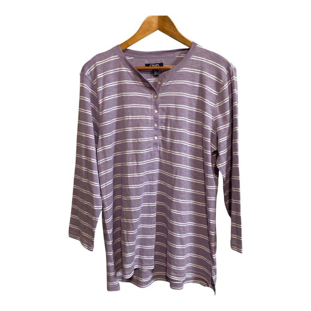 Chaps Women's 3/4 Sleeves Cotton Striped Button Shirt XL NWT Henley Casual Basic